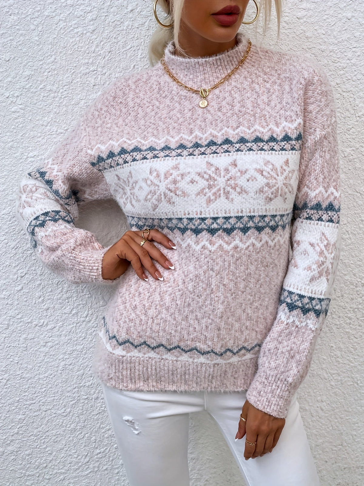 Womens Christmas sweater with snowflake pattern and mock neck