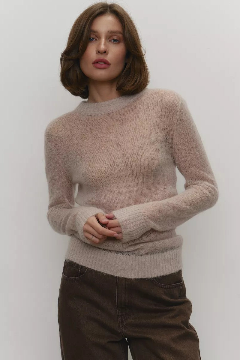 Women's sweaters, sheer crew neck pullover with long sleeves