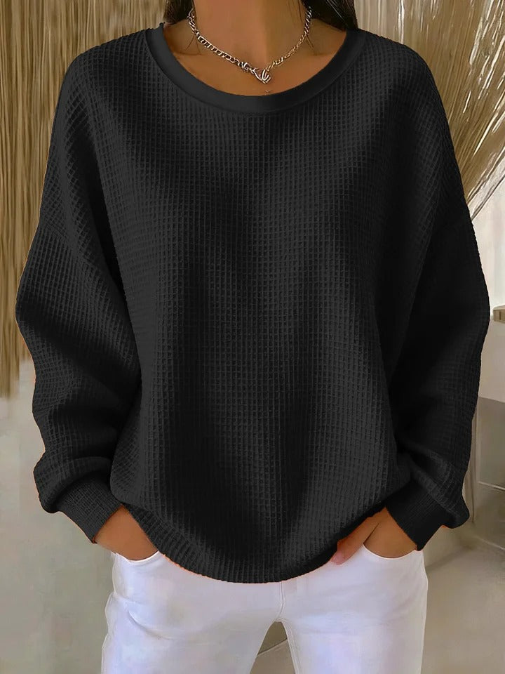 Women's sweaters, waffle knit crew neck pullover with long sleeves