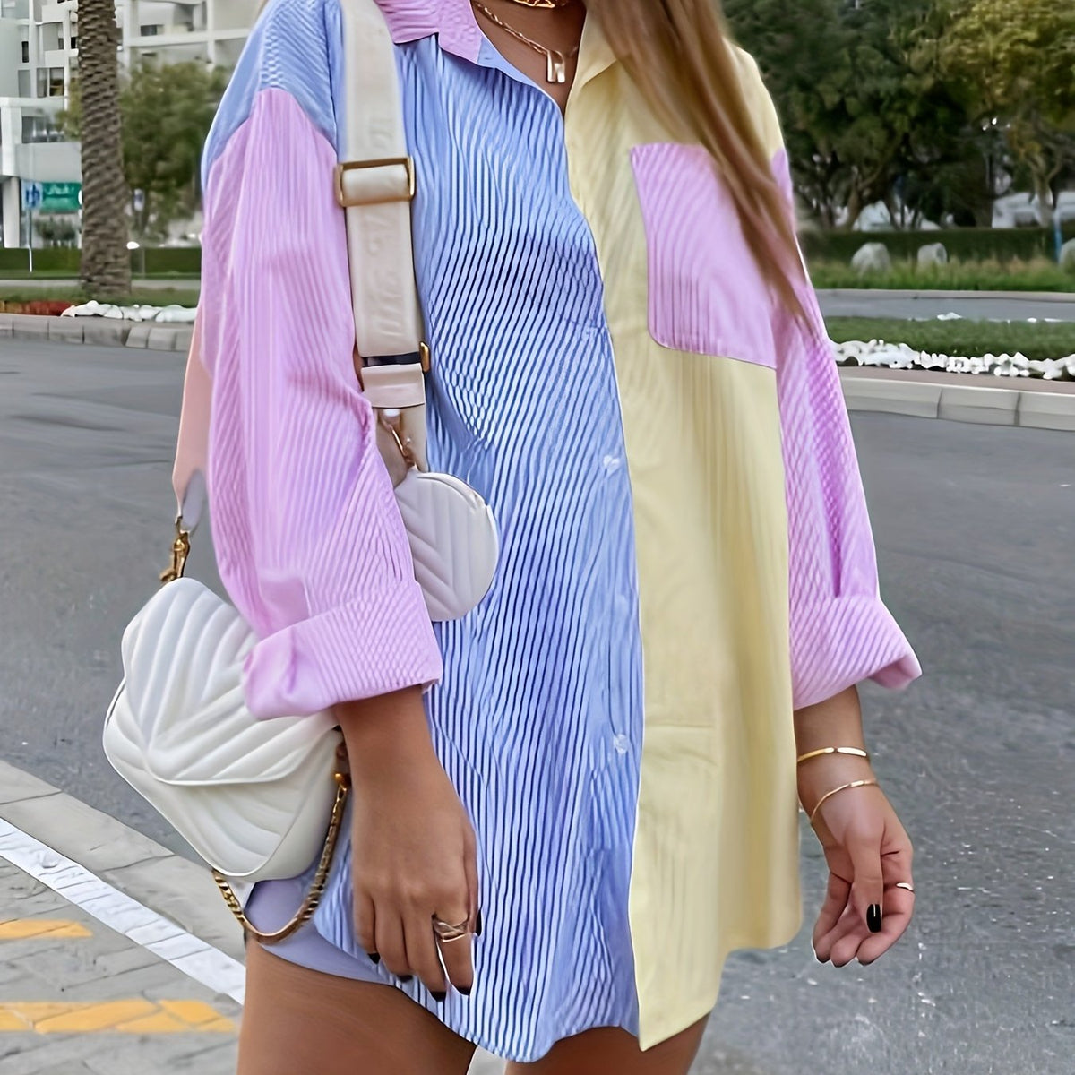 Colorblock striped shirts for women, long sleeve button down