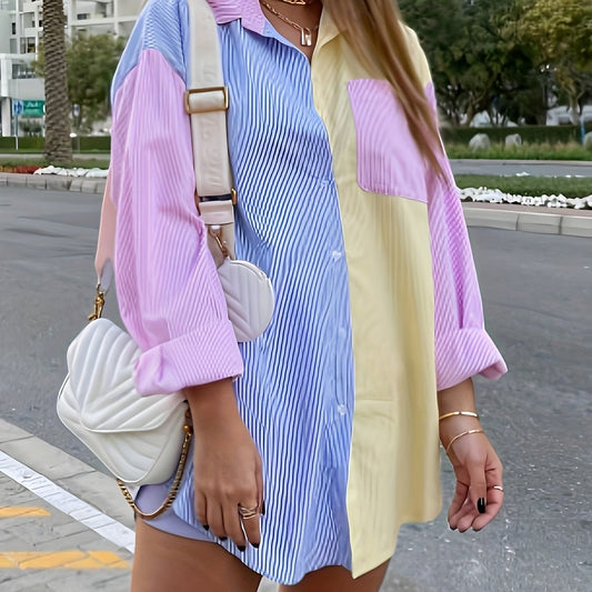 Colorblock striped shirts for women, long sleeve button down