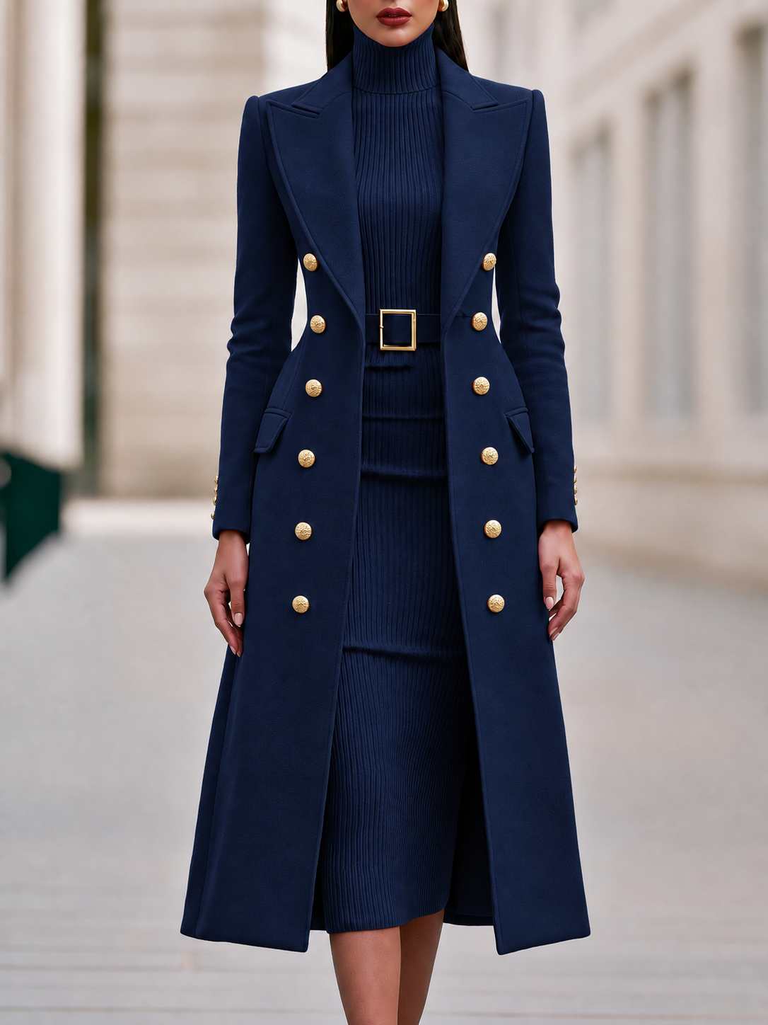 Double breasted coat and turtleneck midi dress set for women