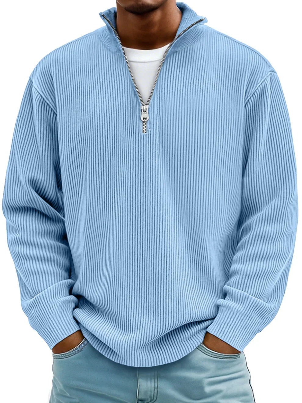 Quarter zip sweater for men with ribbed knit and stand collar