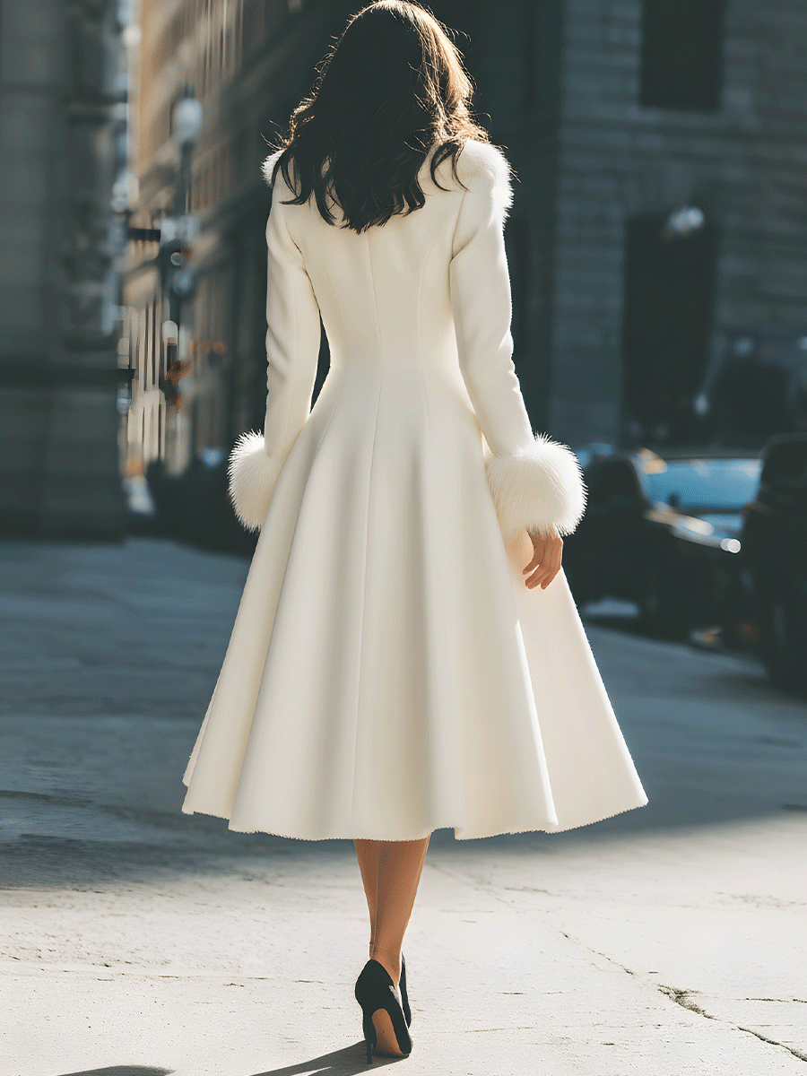 Coat for women with faux fur collar and cuffs, fit and flare