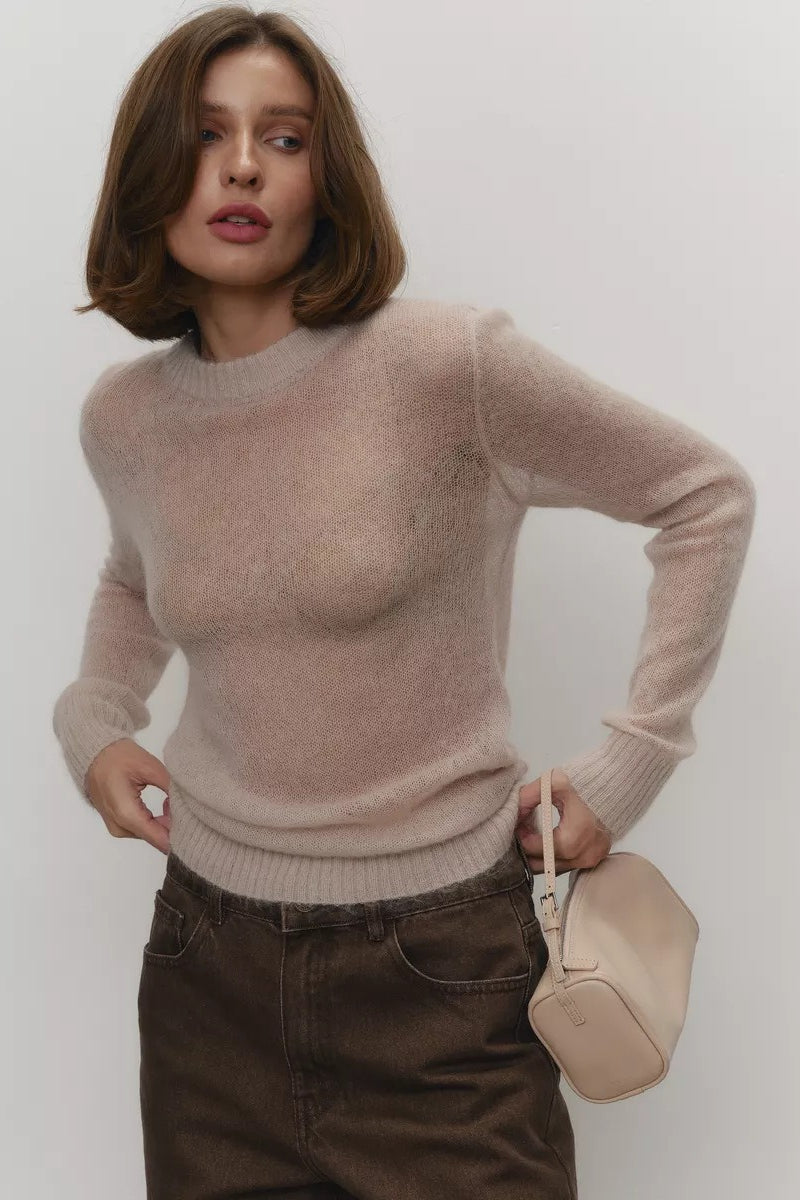 Women's sweaters, sheer crew neck pullover with long sleeves