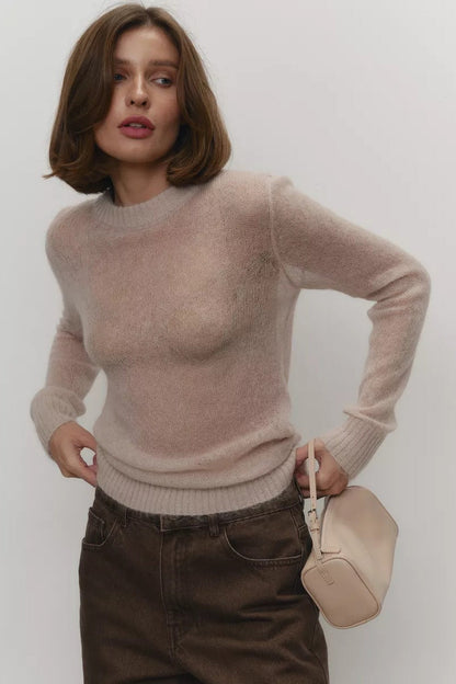 Women's sweaters, sheer crew neck pullover with long sleeves