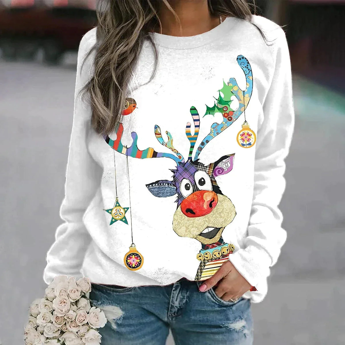 Womens Christmas sweater crew neck long sleeve pullover