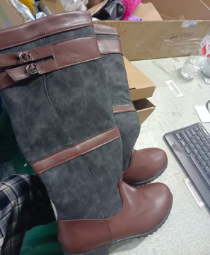 Knee high boots for women with double buckle straps, panelled upper and round toe