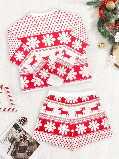 Christmas pajamas for women, long sleeve reindeer print top and shorts set