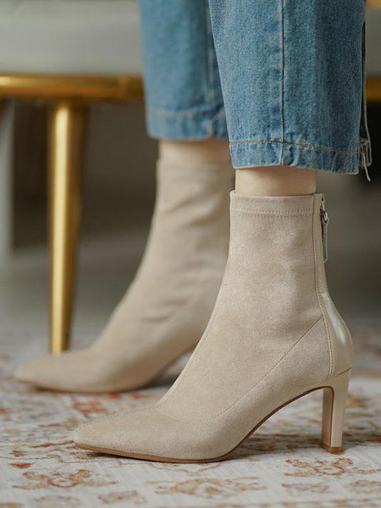 Pointed toe sock boots for women with back zip and high heel