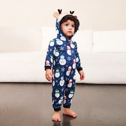 Christmas pajamas hooded onesie with snowman print and reindeer ears