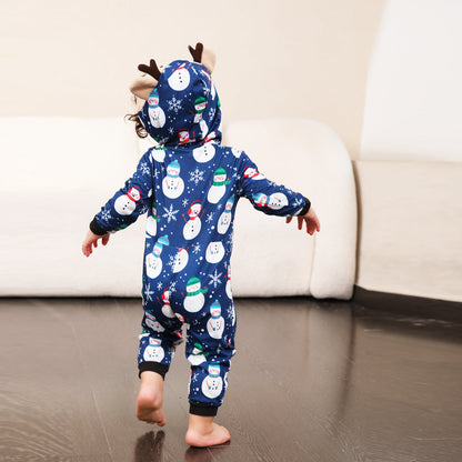 Christmas pajamas hooded onesie with snowman print and reindeer ears