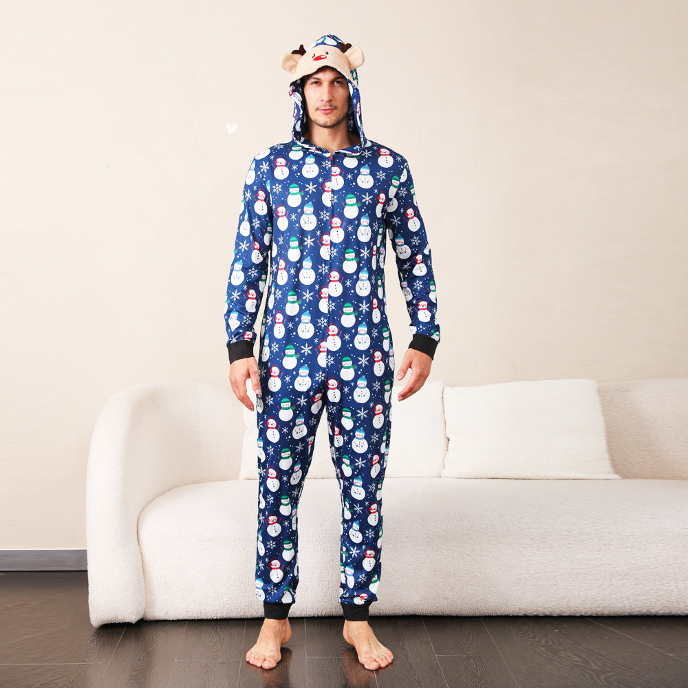 Christmas pajamas hooded onesie with snowman print and reindeer ears