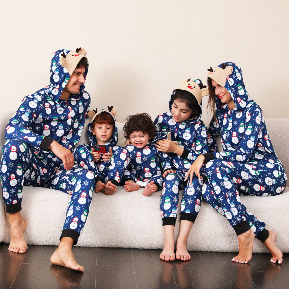 Christmas pajamas hooded onesie with snowman print and reindeer ears