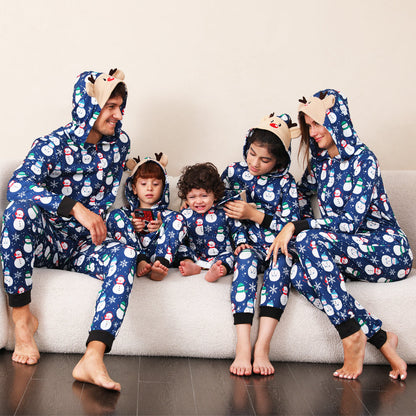 Christmas pajamas hooded onesie with snowman print and reindeer ears