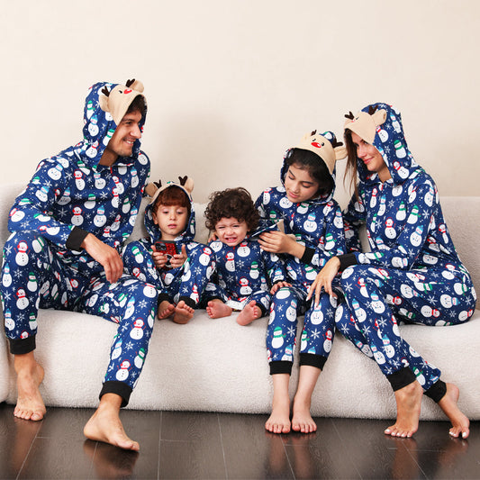 Christmas pajamas hooded onesie with snowman print and reindeer ears