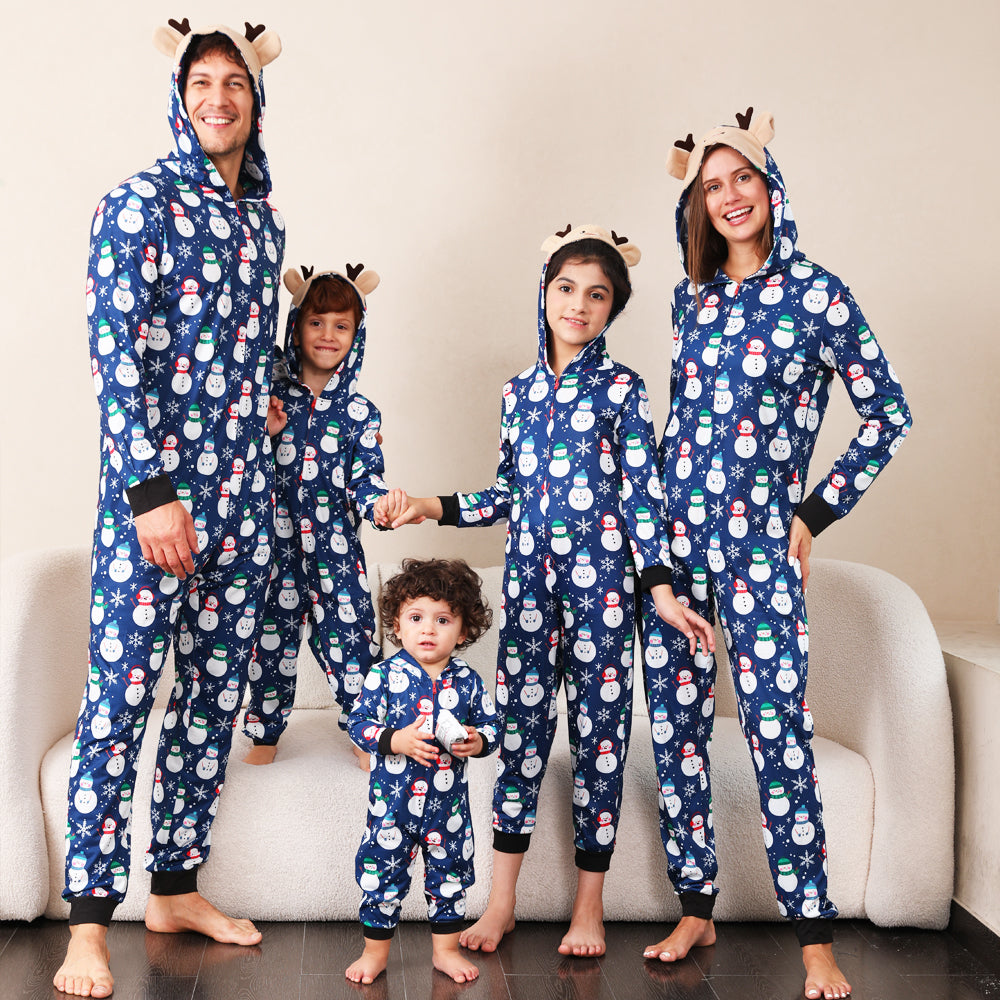 Christmas pajamas hooded onesie with snowman print and reindeer ears