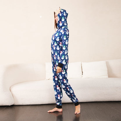 Christmas pajamas hooded onesie with snowman print and reindeer ears