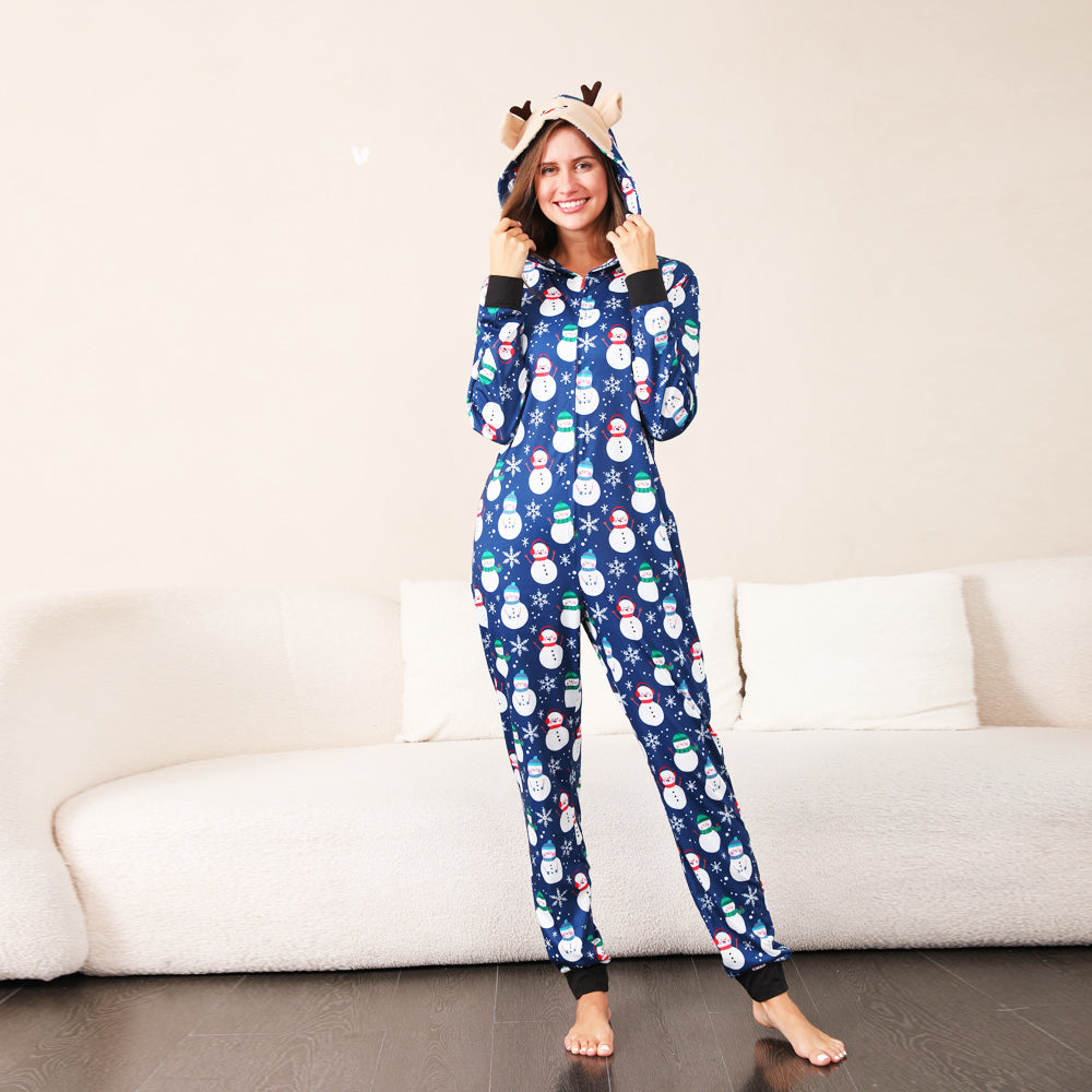 Christmas pajamas hooded onesie with snowman print and reindeer ears