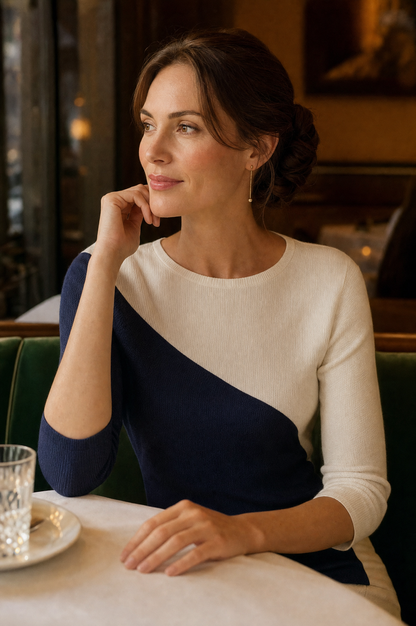 Women's sweaters with 3/4 sleeves, crew neck and asymmetric hem