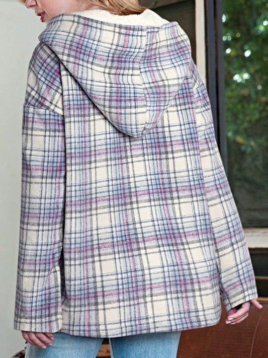 Plaid hoodies for women with half button placket and kangaroo pocket