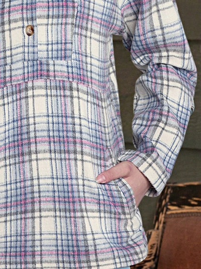 Plaid hoodies for women with half button placket and kangaroo pocket