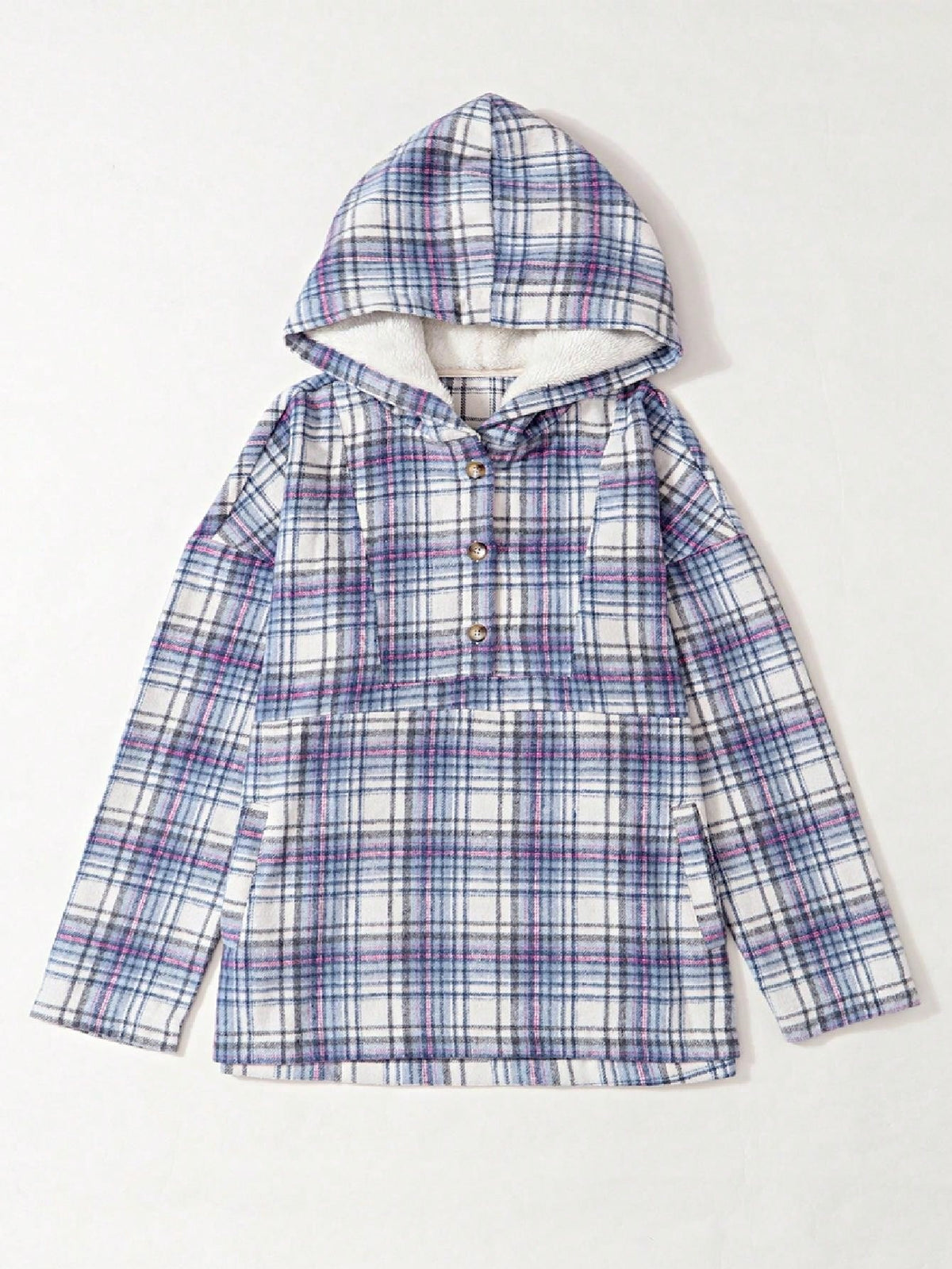 Plaid hoodies for women with half button placket and kangaroo pocket