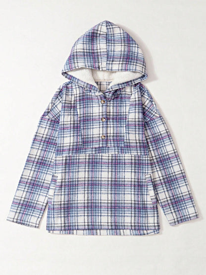 Plaid hoodies for women with half button placket and kangaroo pocket