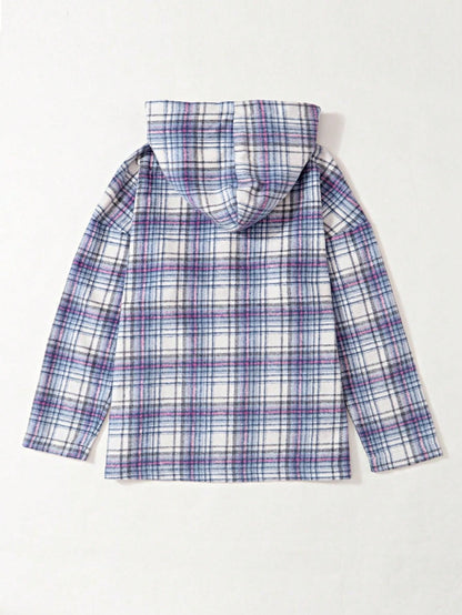 Plaid hoodies for women with half button placket and kangaroo pocket