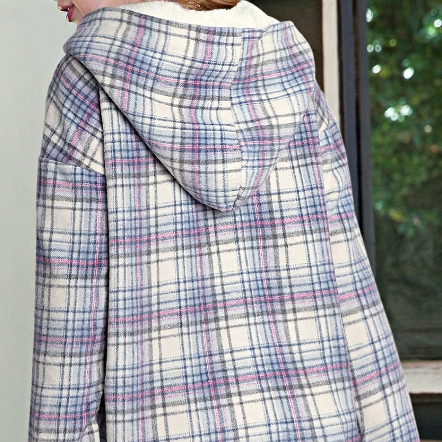 Plaid hoodies for women with half button placket and kangaroo pocket