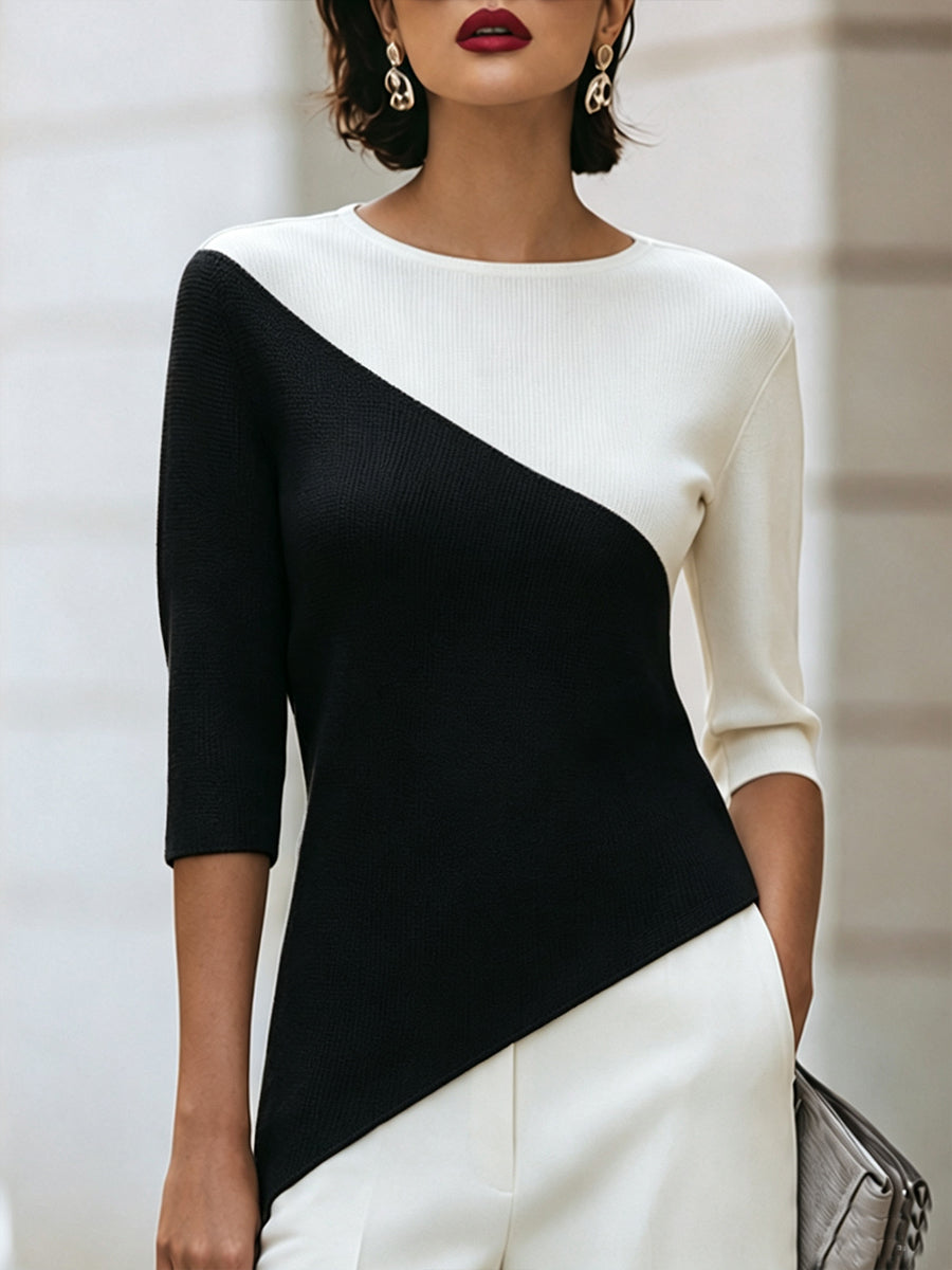 Women's sweaters with 3/4 sleeves, crew neck and asymmetric hem