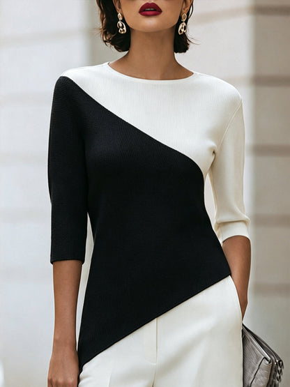 Women's sweaters with 3/4 sleeves, crew neck and asymmetric hem
