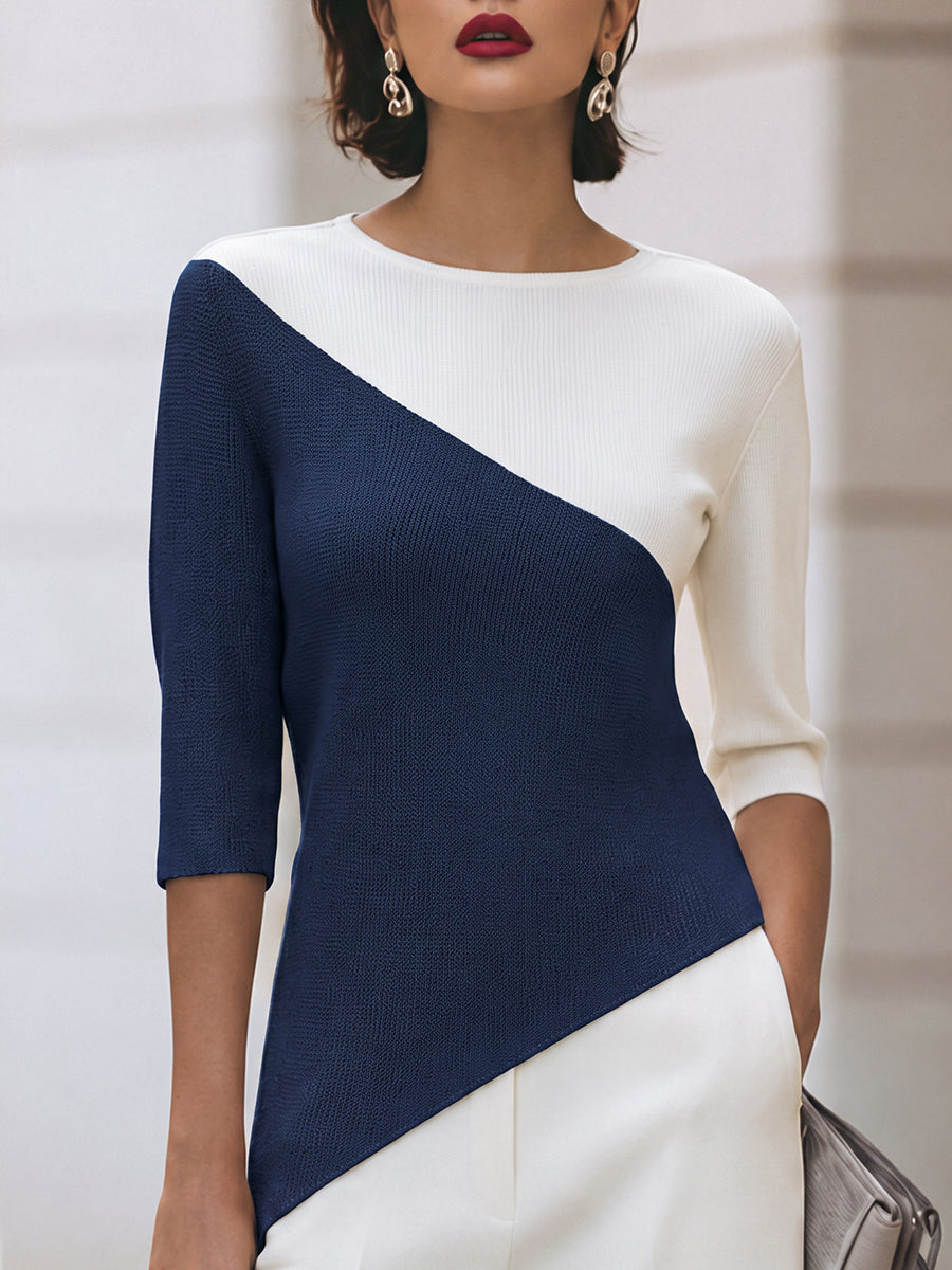Women's sweaters with 3/4 sleeves, crew neck and asymmetric hem
