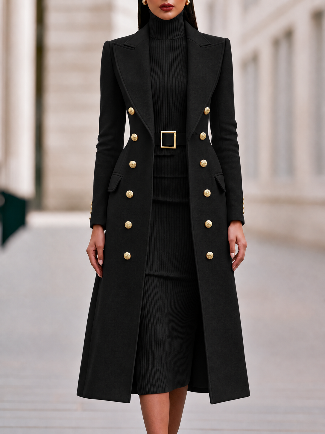 Double breasted coat and turtleneck midi dress set for women