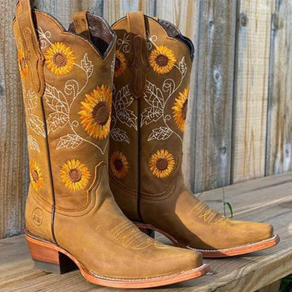 Cowboy boots for women with sunflower embroidery and square toe