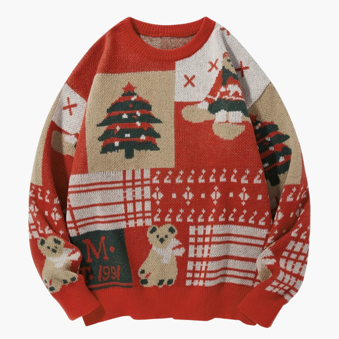 Ugly Christmas sweater with bear and tree pattern, crew neck knit