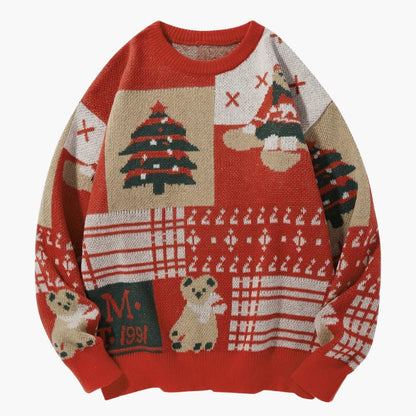 Ugly Christmas sweater with bear and tree pattern, crew neck knit