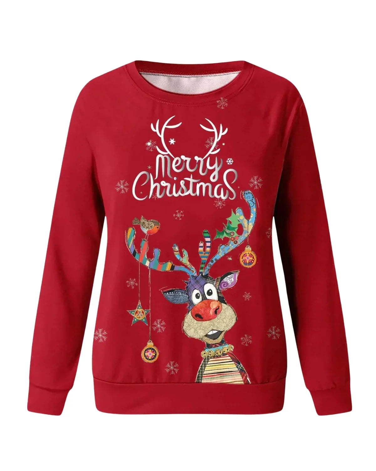 Womens christmas sweater with Merry Christmas slogan, reindeer print and ribbed hem