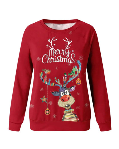 Womens christmas sweater with Merry Christmas slogan, reindeer print and ribbed hem