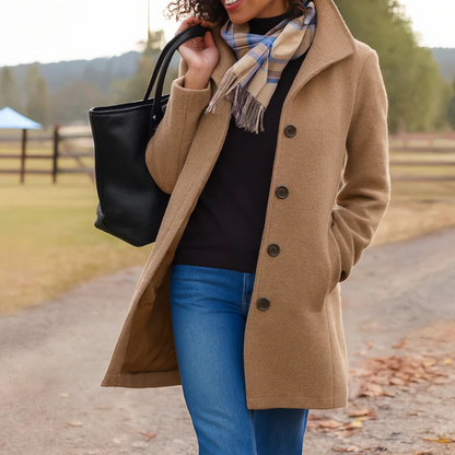 Single breasted coat for women with collar and button front