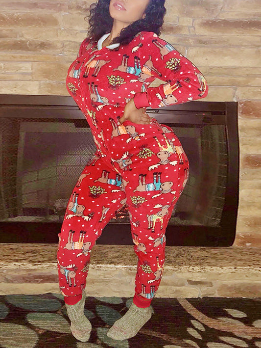 Christmas pajamas onesie with zip front and back flap for women