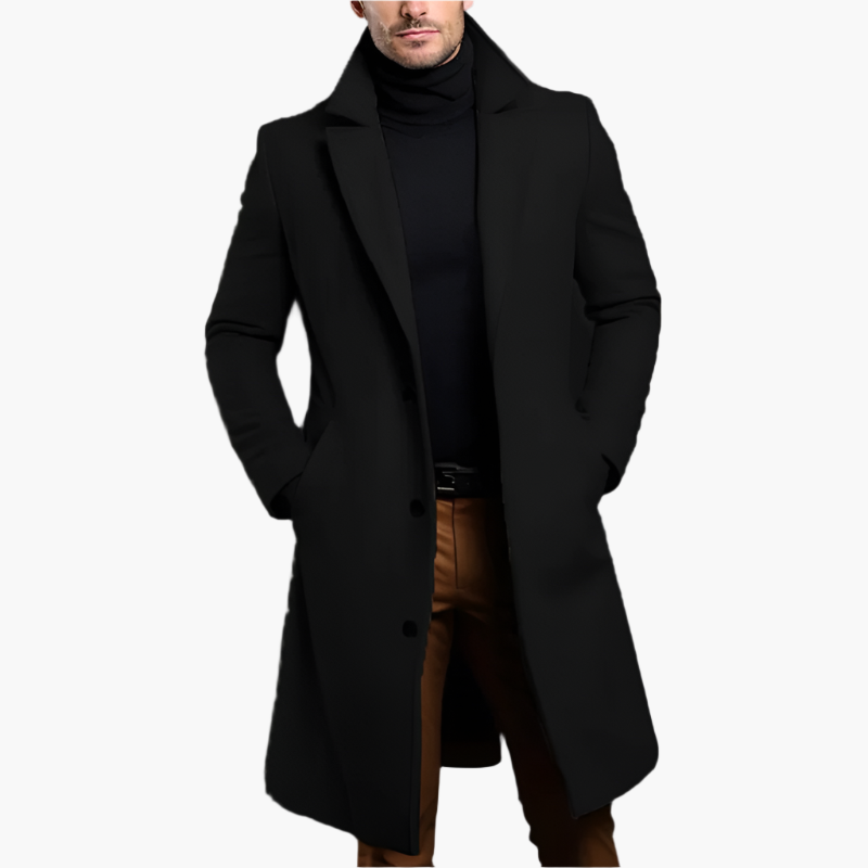 Single breasted long coat for men with notch lapel collar