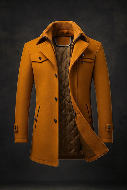 Men's single breasted coat with removable collar layer and quilted lining