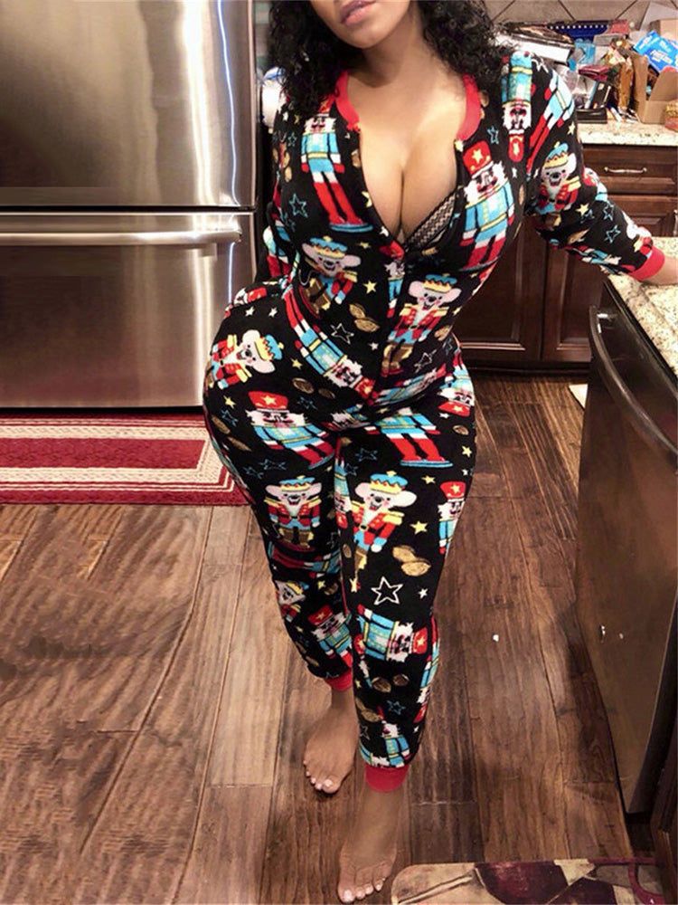 Christmas pajamas onesie with zip front and back flap for women