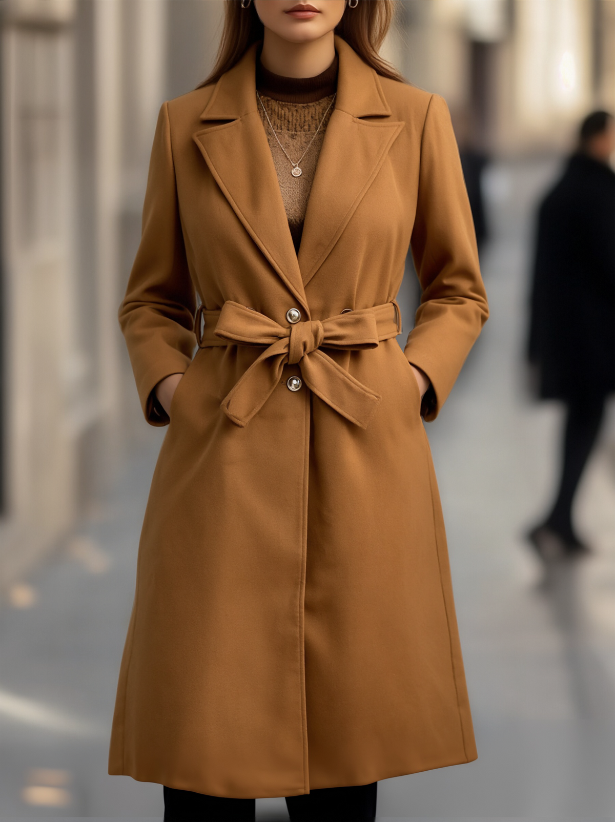 Trench coat for women with notch lapel collar and tie waist belt