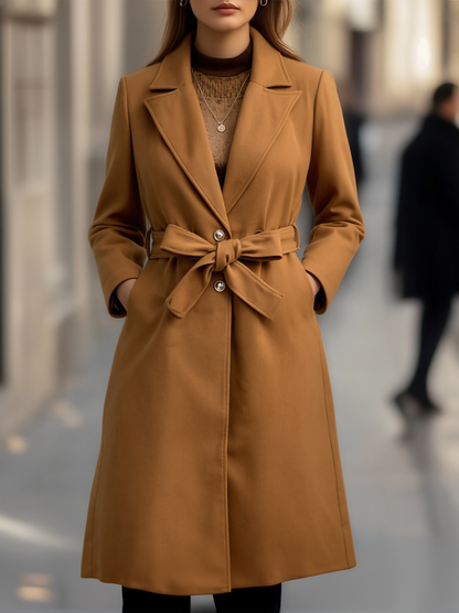 Trench coat for women with notch lapel collar and tie waist belt