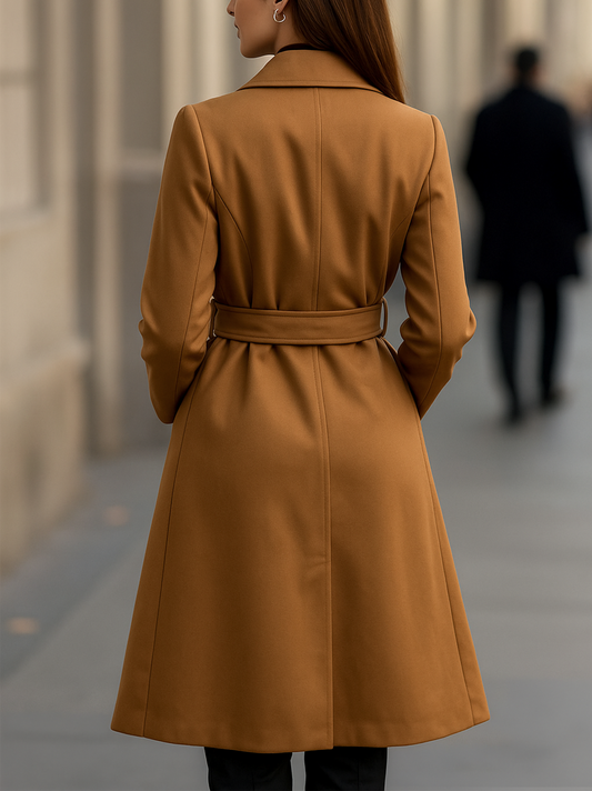 Trench coat for women with notch lapel collar and tie waist belt