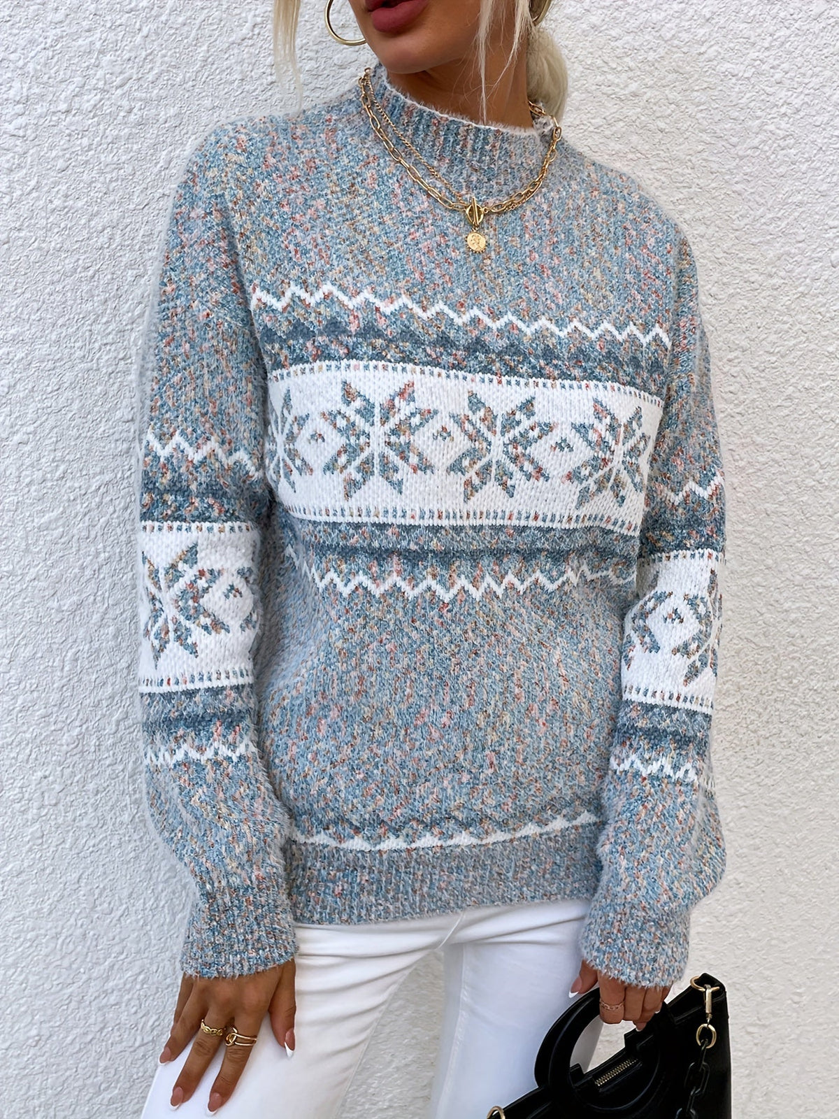 Womens Christmas sweater with snowflake pattern and mock neck