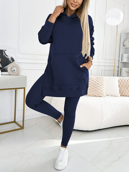 Hoodies and leggings set for women with kangaroo pocket and side slits