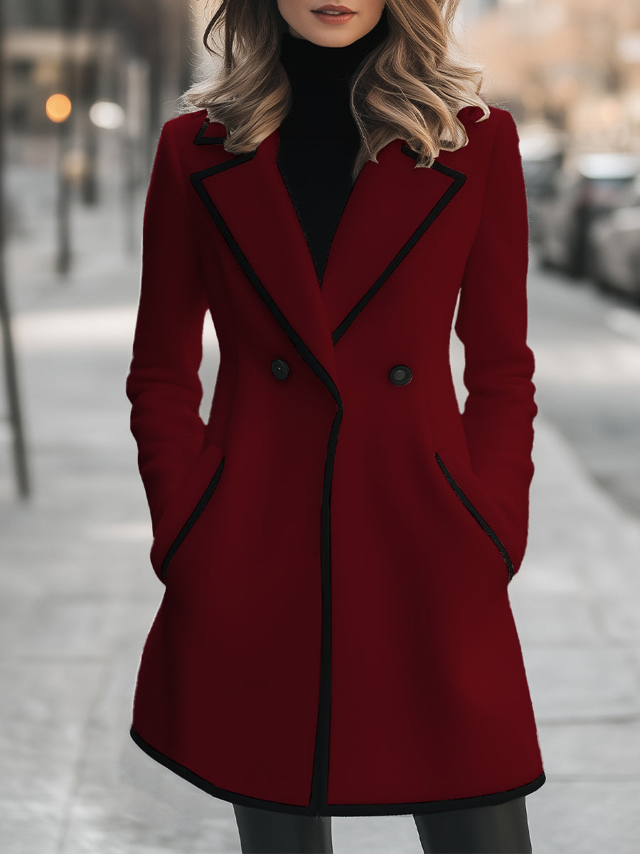 Double breasted coat for women with contrast trim and lapel collar